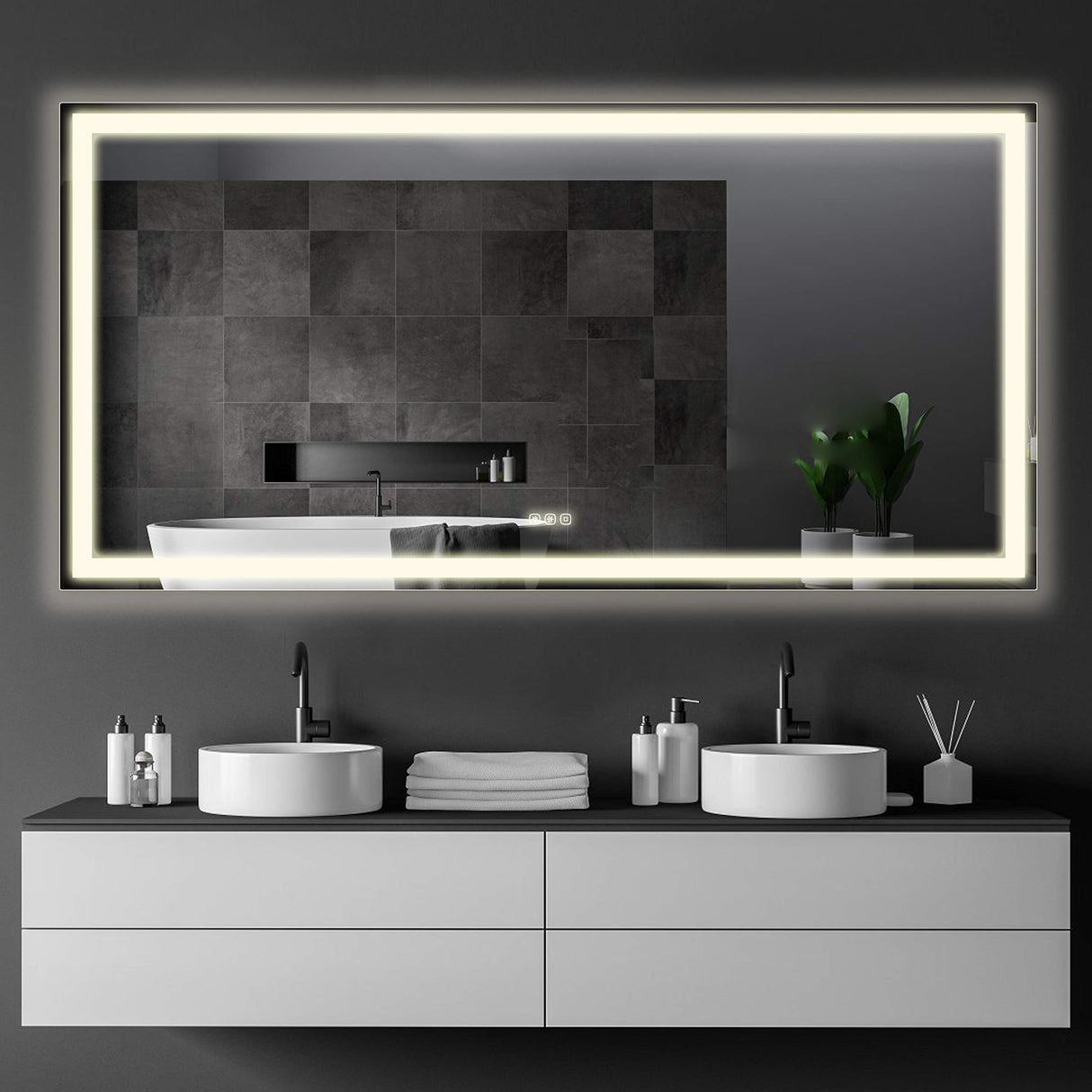 B&C 72"x36" Lighted Bathroom Mirror Wall Mounted|High Lumen LED Lights with CRI>95| Plug/Wall Switch Ready|Vertical or Horizontal|Defogger and Dimmer with Memory|Touch Switch|Non-Copper Silver Backed