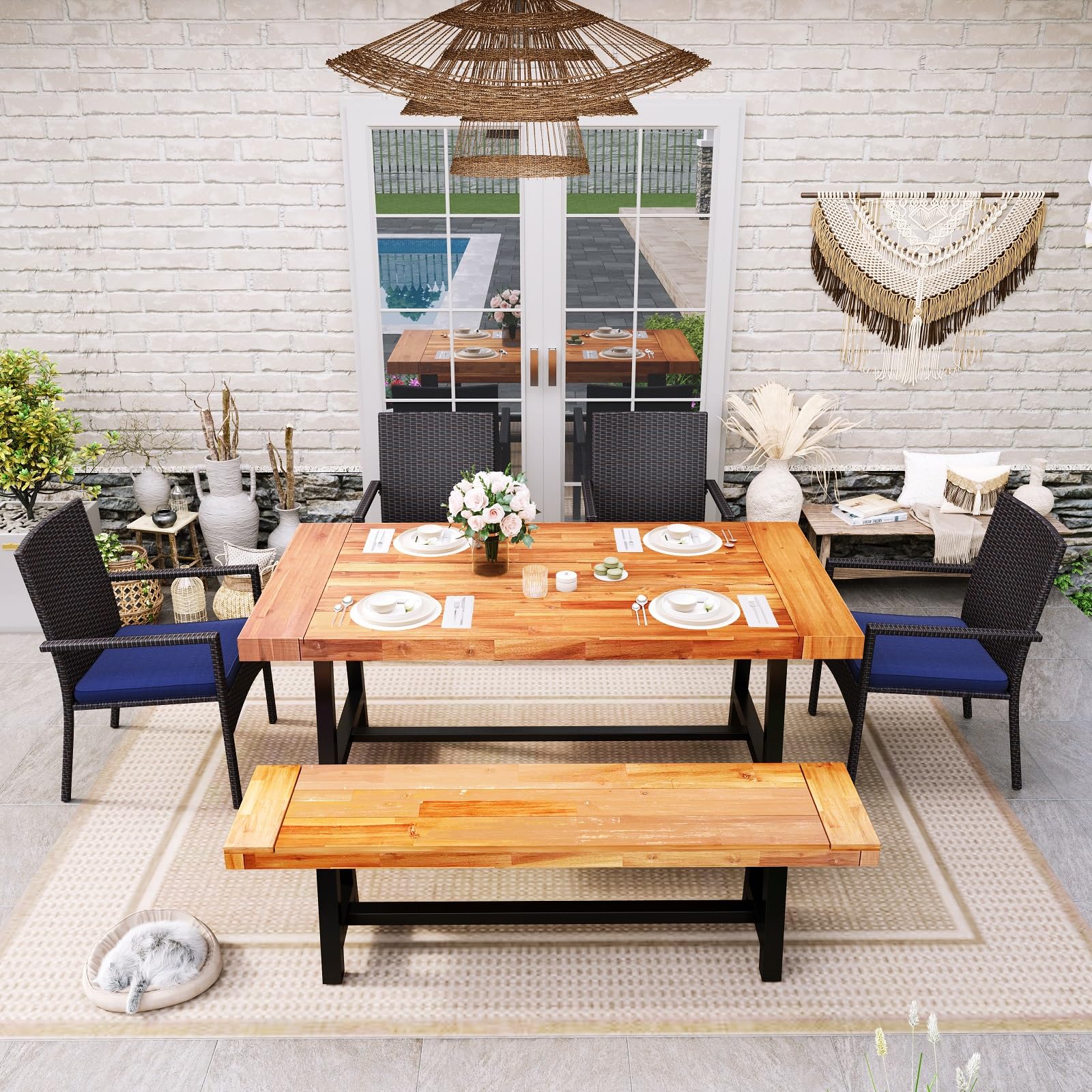Outdoor Bench Garden Bench Wood 63", Patio Dining Bench