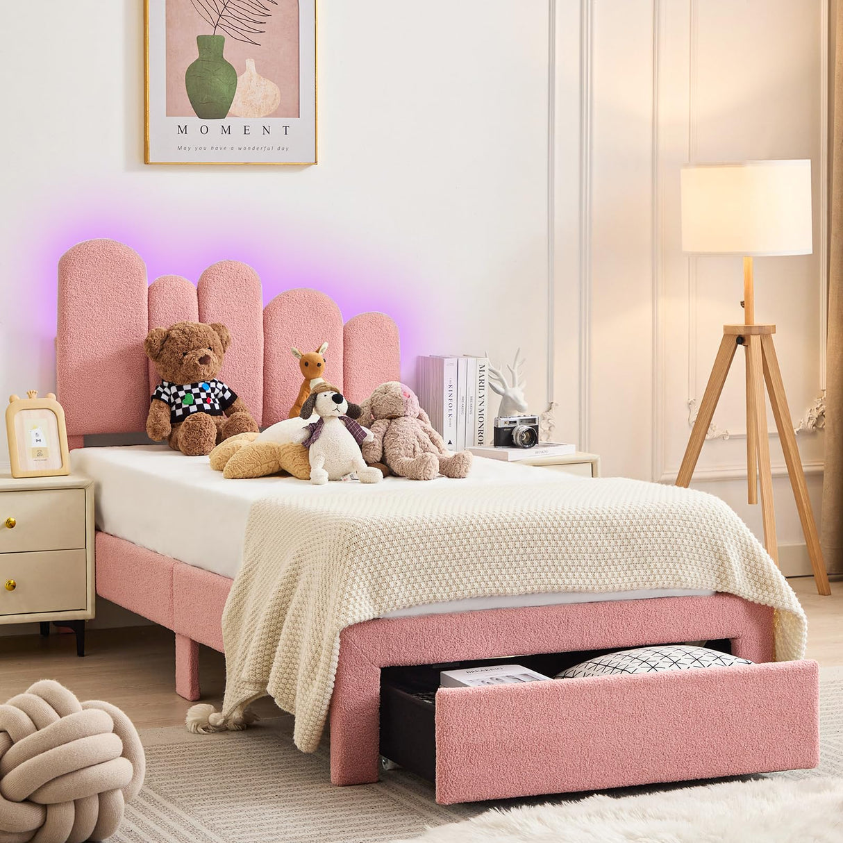 LED Twin Size Bed Frames - Boucle Upholstered Twin Bed Frame with Adjustable Headboard, Pink Platform Bed