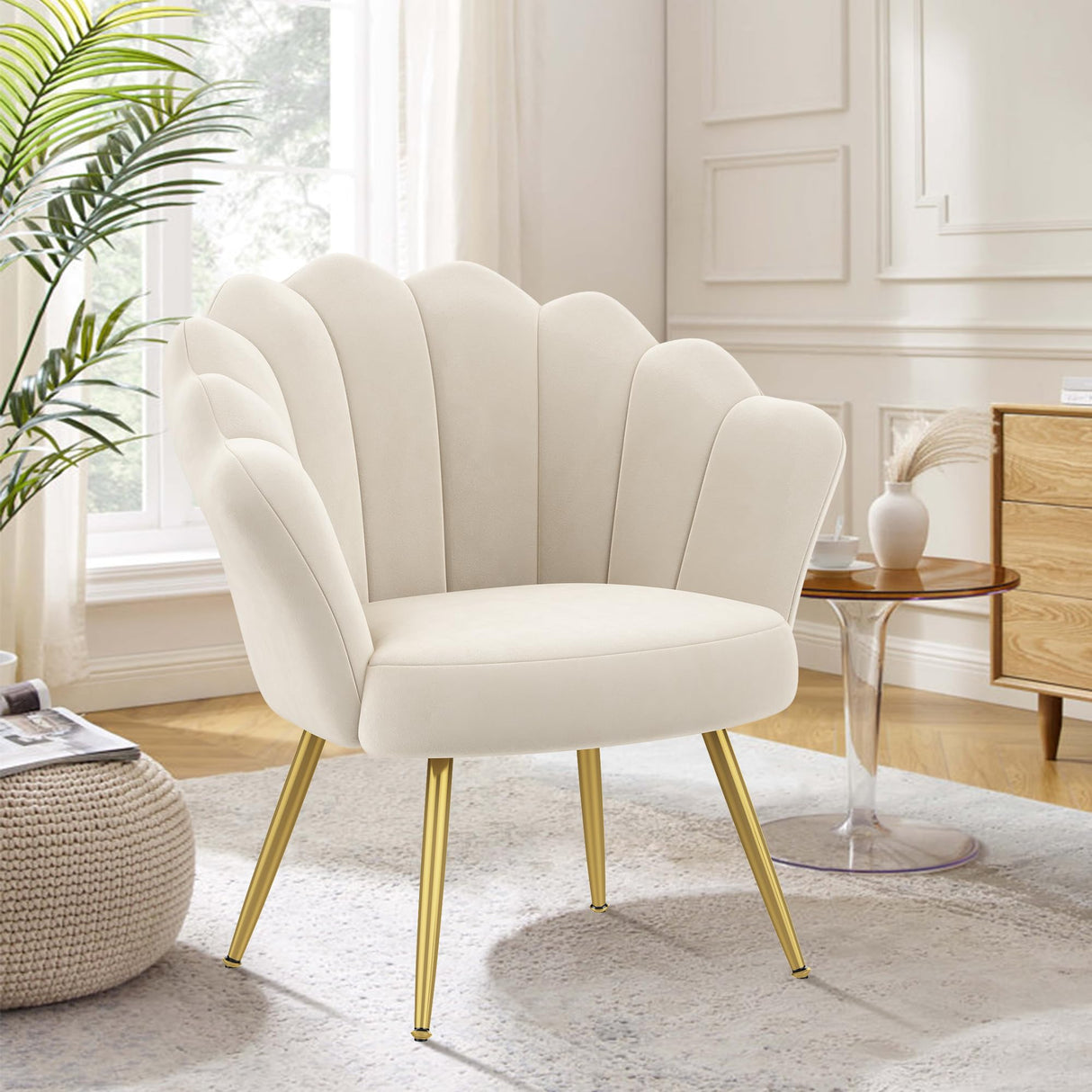 velvet Living Room Chair Accent Chairs, Upholstered Vanity Chair for Makeup Room, Modern Barrel Arm Chair Guest Leisure Chair Comfy for Bedroom-Ivory