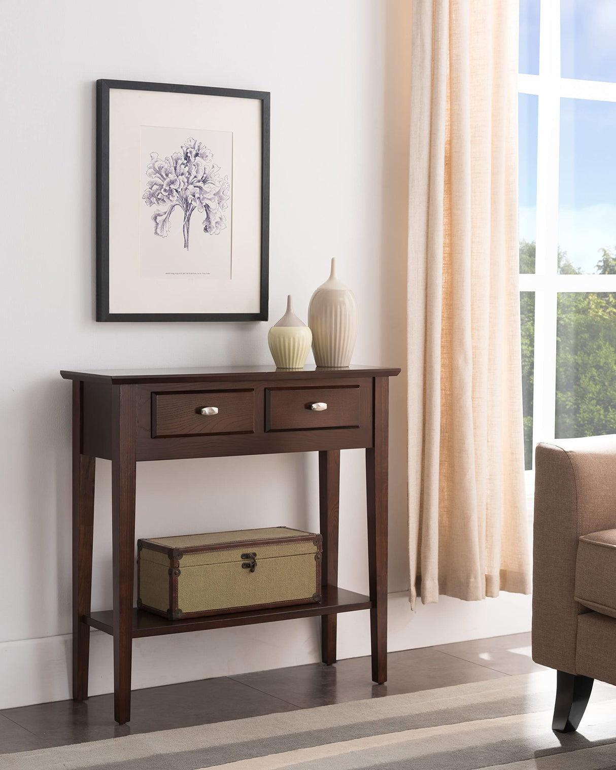 10075-CH Two Drawer Sofa Table Hall Console with Shelf, Chocolate Oak, 11 in x 30