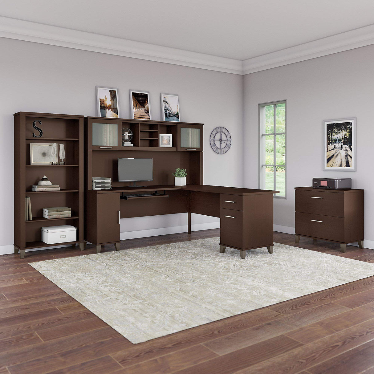 Somerset 72W L Shaped Desk with Hutch, Lateral File Cabinet and Bookcase