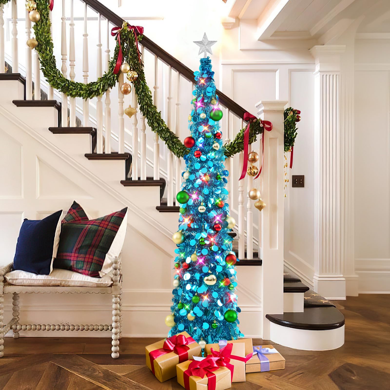 Pop Up Christmas Tree with Lights & 40 Balls, 6Ft Collapsible Blue Tinsel Christmas Tree