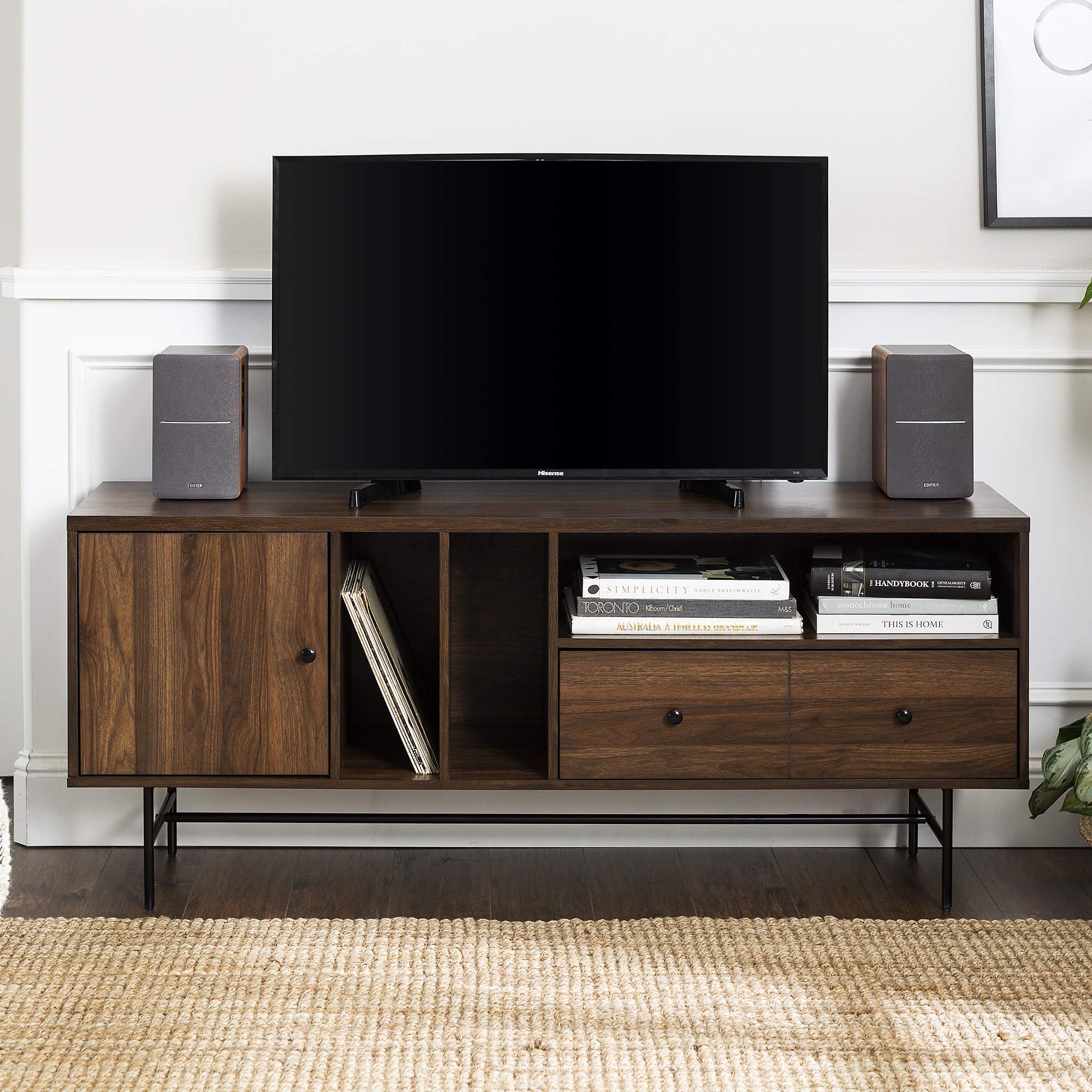 Modern Wood TV Stand with Record Storage for TV's up to 65
