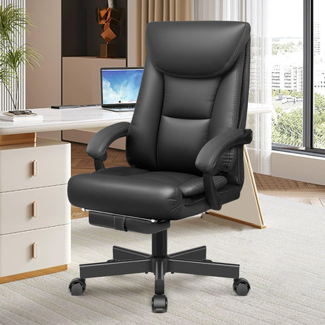 Ergonomic Office Chair, Big and Tall Executive Home Office Desk Chair, Shiny Leather Swivel Computer Chair with High Back, Wheels, Lumbar Support, Footrest（Black）