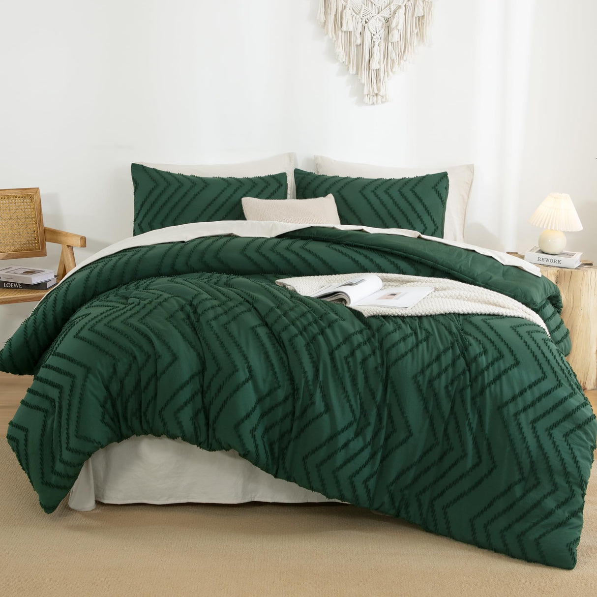 Comforter King Size Set Dark Emerald Green, 3 Pieces Lightweight Tufted Solid Forest Green Bedding Sets,