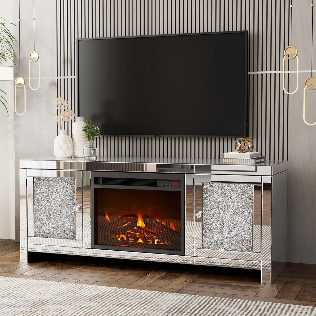 Mirrored Fireplace TV Stand, Mirrored Media Entertainment Center for TV up to 55 inch