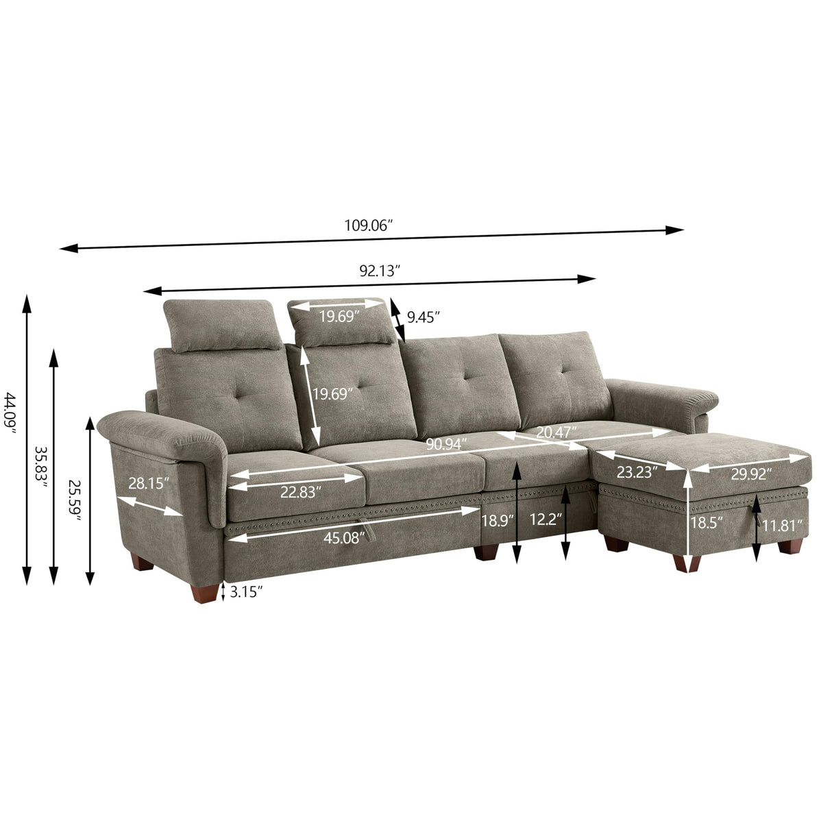 Convertible Sectional Sofa with Storage, 4 Seat L Shaped Couch with Chaise