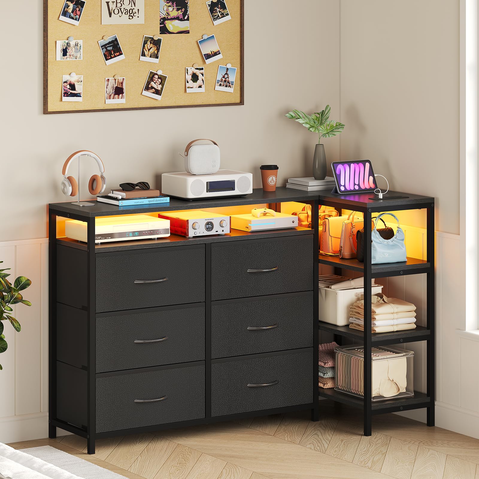 TV Stand Dresser Bedroom for 60 Inch TV with LED Lights & Charging Station