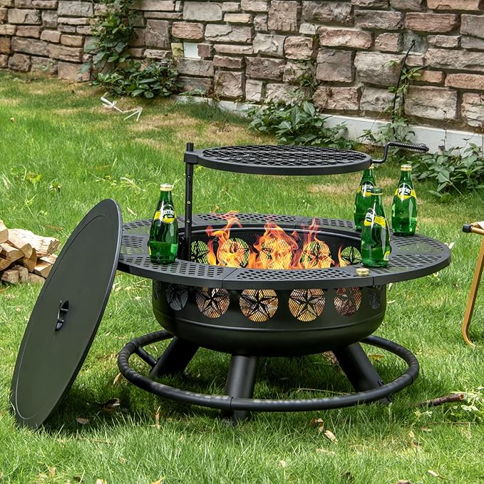 36 Inch Fire Pit with Cooking Grill,Outdoor Wood Burning BBQ Firepit with Lid