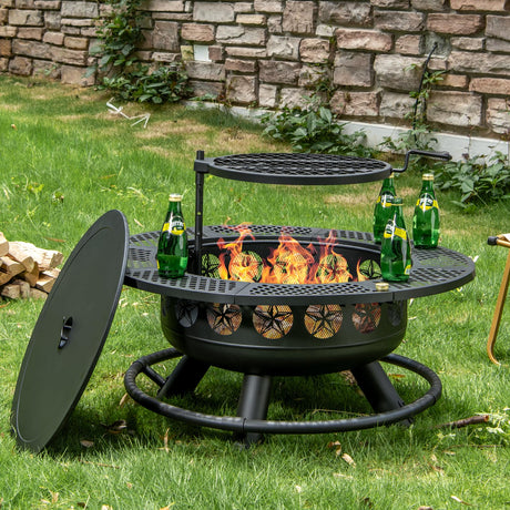 36 Inch Fire Pit with Cooking Grill,Outdoor Wood Burning BBQ Firepit with Lid, 3 - in - 1 Outdoor Fire Pit for Backyard Deck Bonfire Patio Picnic - Bircata