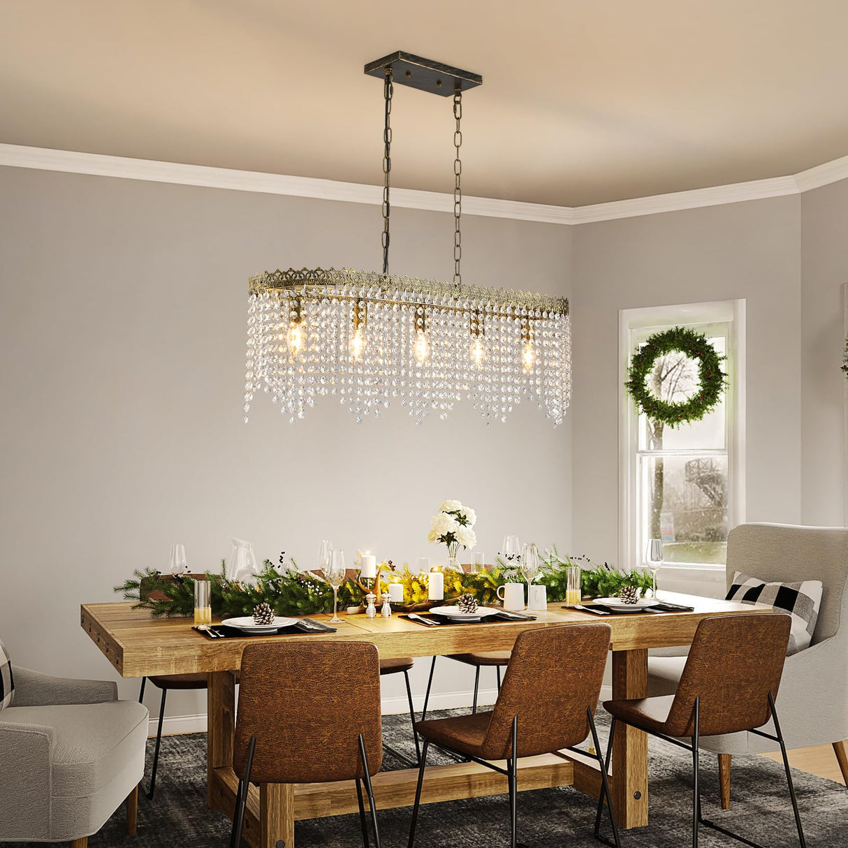 KAIQI 5 Lights Rectangle Oval K9 Crystal Chandelier Antique Bronze Pendant Light Fixture for Dining Room, Living Room, Pool Table Light, Kitchen Island Lighting，L31.5Inchs x W8.66Inchs x H11Inchs