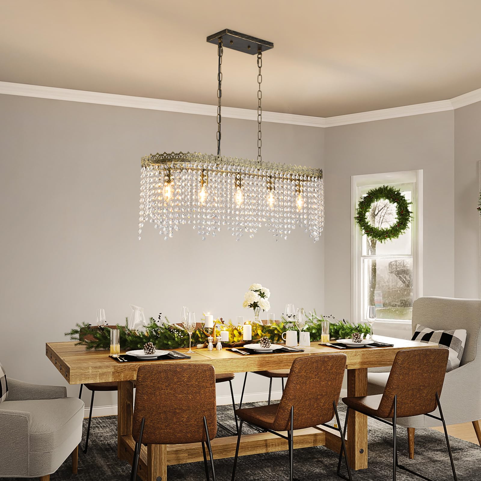 KAIQI 5 Lights Rectangle Oval K9 Crystal Chandelier Antique Bronze Pendant Light Fixture for Dining Room, Living Room, Pool Table Light, Kitchen Island Lighting，L31.5Inchs x W8.66Inchs x H11Inchs