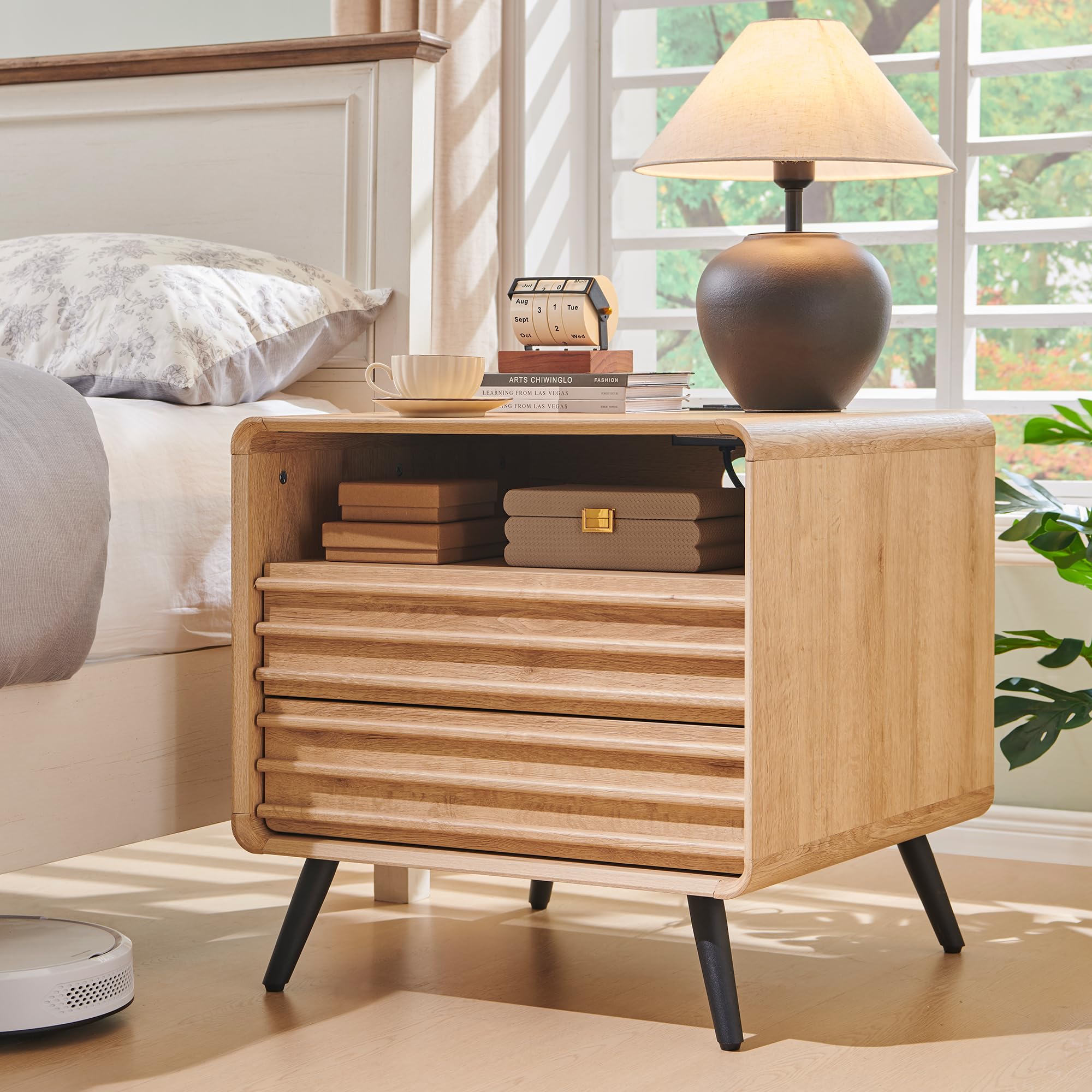 24 Night Stand with Charger Station, Mid Century Modern Fluted End Table with 2 Drawers