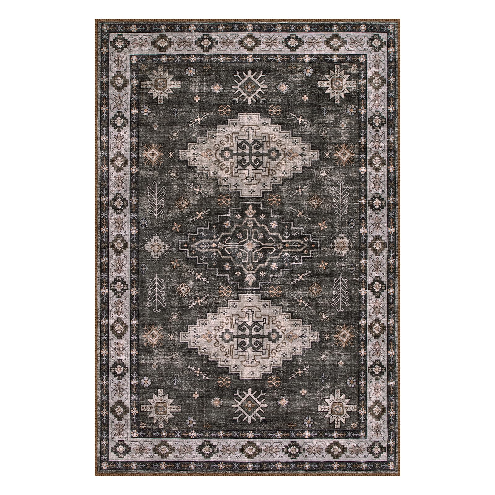Lahome 6x9 Rug for Living Room, Machine Washable Soft Bedroom Area Rug, Ultra-Thin Non Slip Dining Room Rug, Throw Vintage Print Distressed Room Carpet for Bedroom Office (Brown, 6'x9')