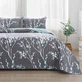 Summer Quilt Sets Queen Grey Blue (96x90 Inch), 3 Pieces Floral Lightweight