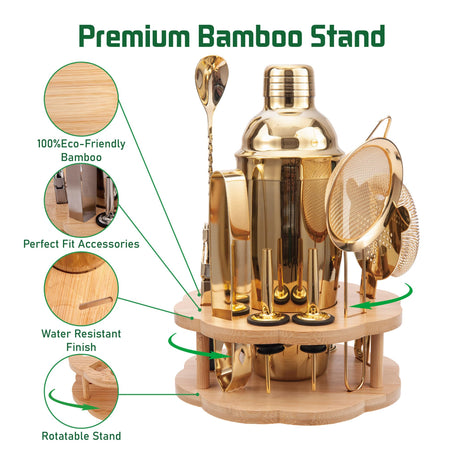 Cocktail Shaker Set Bartender Kit with Rotating Bamboo Stand,11 Piece Bar Set