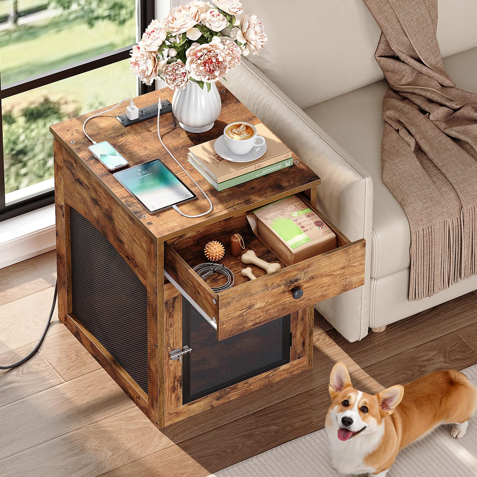 Dog Crate Furniture with Charging Station and Drawer