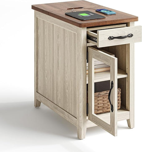 Farmhouse End Table with Charging Station, Narrow Side Table for Living Room