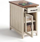 End Table with Charging Station, Side Table for Bedroom with Drawer and Detachable