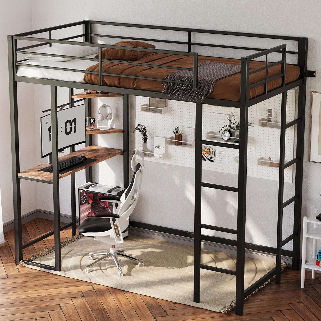 Loft Bed Twin Size with Desk and Storage Shelves, Heavy Duty Metal Bunk Bed