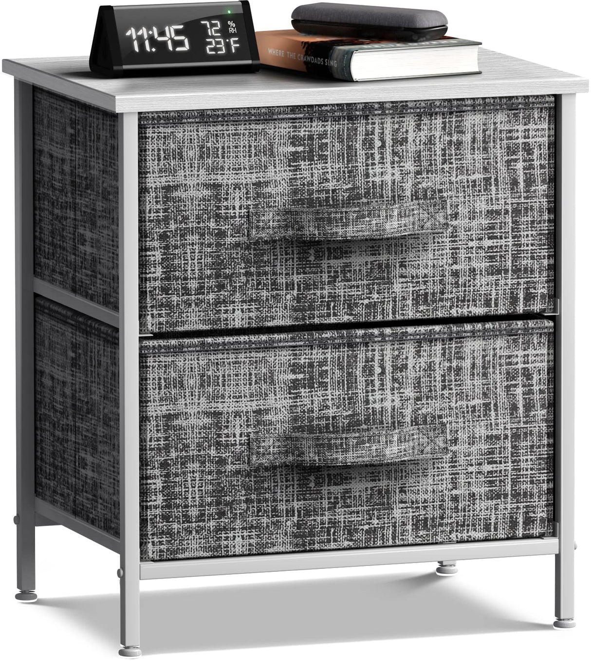 Nightstand with 2 Drawers - Bedside Furniture End Table Night Stand - Steel Frame, Wood Top & Easy Pull Modern Print Fabric Bins - Small Dresser & Chest for Home, Bedroom Accessories & Office