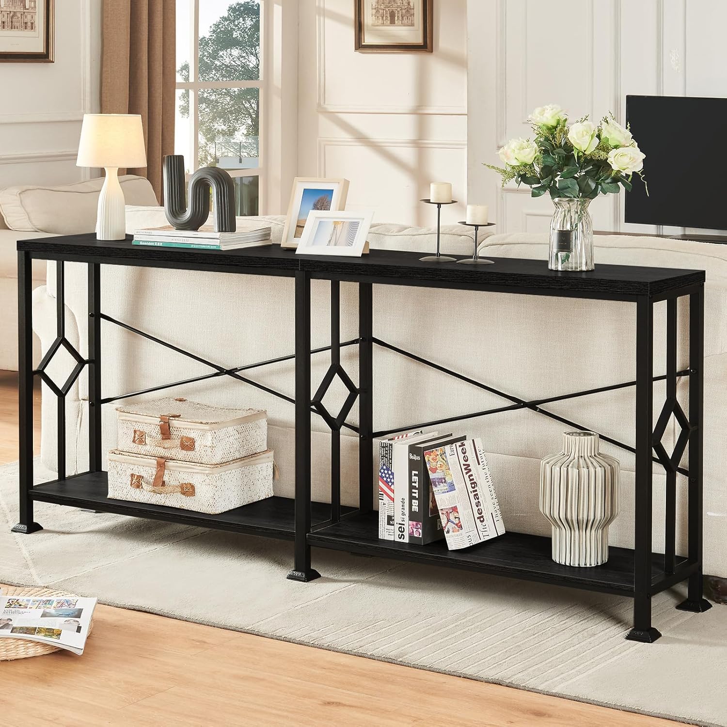 70.9" Industrial Console Table with 2-Tier Storage Shelf