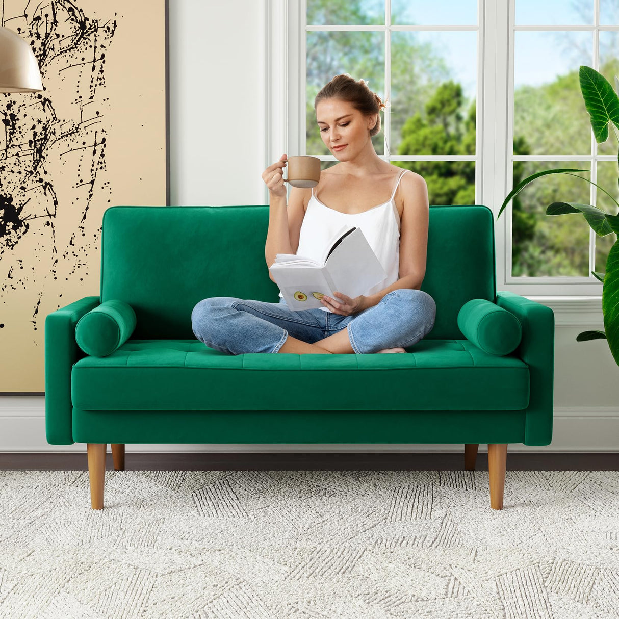 58 inch Loveseat Sofa Couch, Green Velvet Couch for Living Room