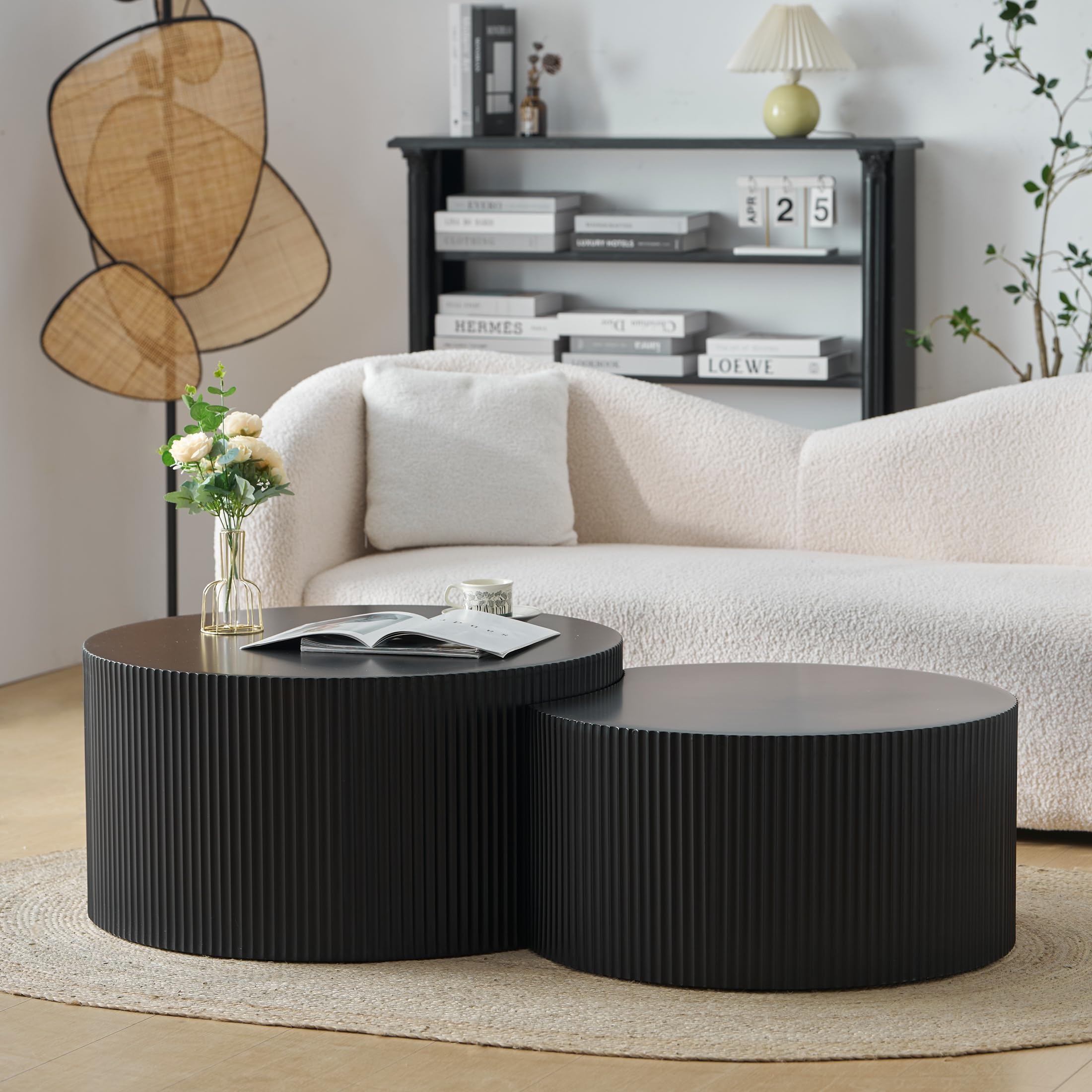 Nesting Coffee Table Set of 2, Vertical Stripe Design Drum End Round Side