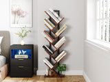 Tree Bookshelf, Geometric Bookcase with Steel Pipe for Living Room Bedroom, Floor Standing Shelves for Home Office (Rustic Brown, 9 Tier)