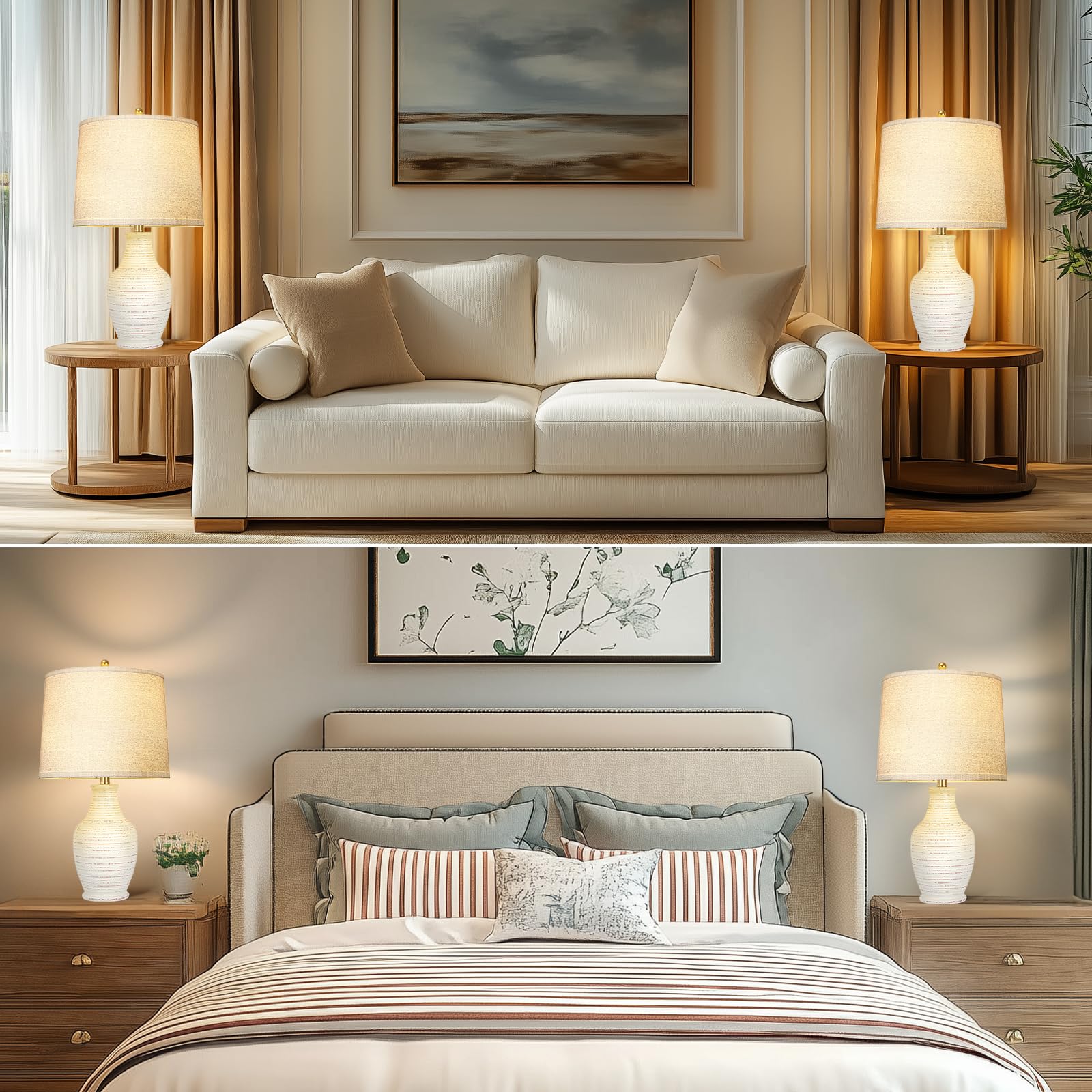 23" Ceramic Table Lamps Set of 2 with 3-Way Dimmable Bulbs