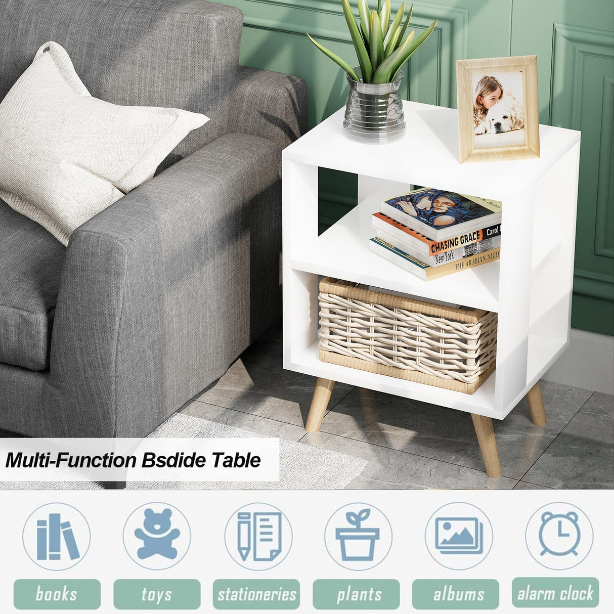 Night Stand, White Kids Nightstand, Modern End Table with Open Storage