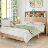 Retro Fluted Queen Bed with Storage Headboard & Charging Station, 55.5" Tall