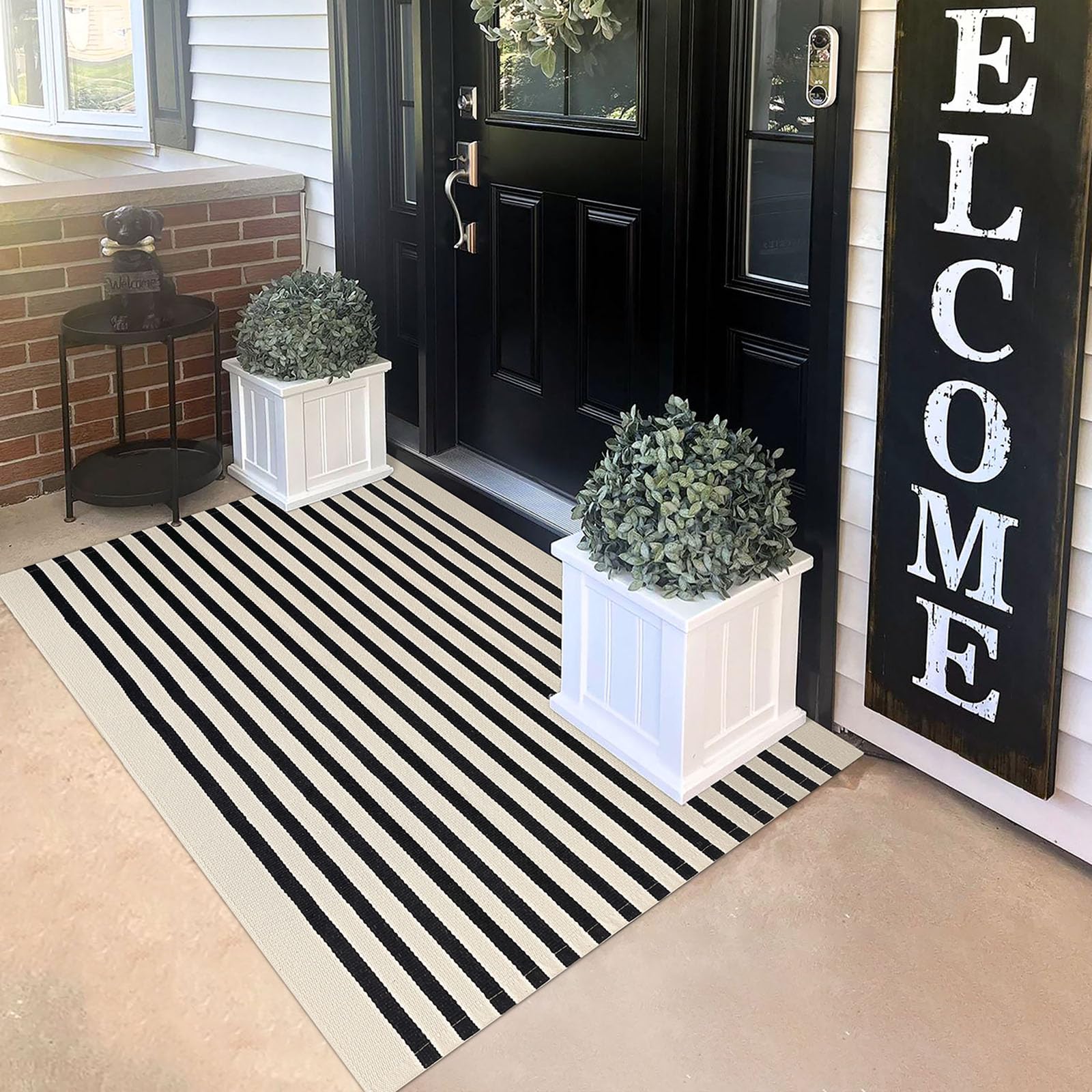 KILOCOCO Beige Striped Rug - 3'X5' Front Door Mat Outdoor, Welcome Mats Rug Outdoor, Cotton Washable Front Porch Rug Layered Doormats for Front Porch/Farmhouse/Entryway