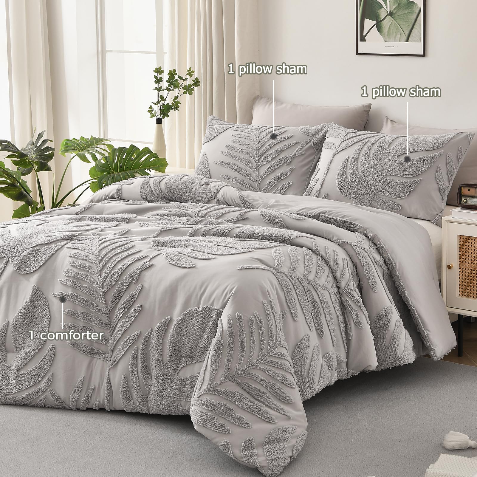 Floral Tufted Palm Leaf Comforter Set - King Size Grey Botanical Bedding