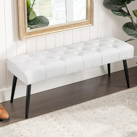 Button-Tufted Ottoman Bench, 44.5'' Faux Leather Upholstered Bedroom Bench, Padded Entryway Bench, End of Bed Bench with Metal Legs, for Decorative, Living Room, Dining Room, Yellowish Brown