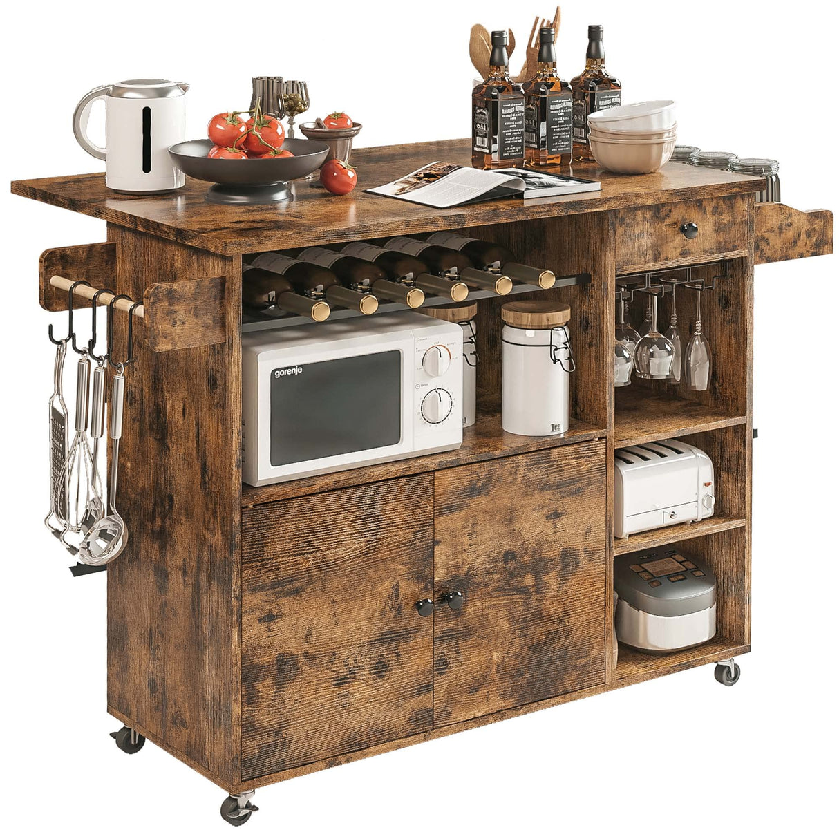 Rolling Kitchen Island Cart with Drop-Leaf and Wine Rack