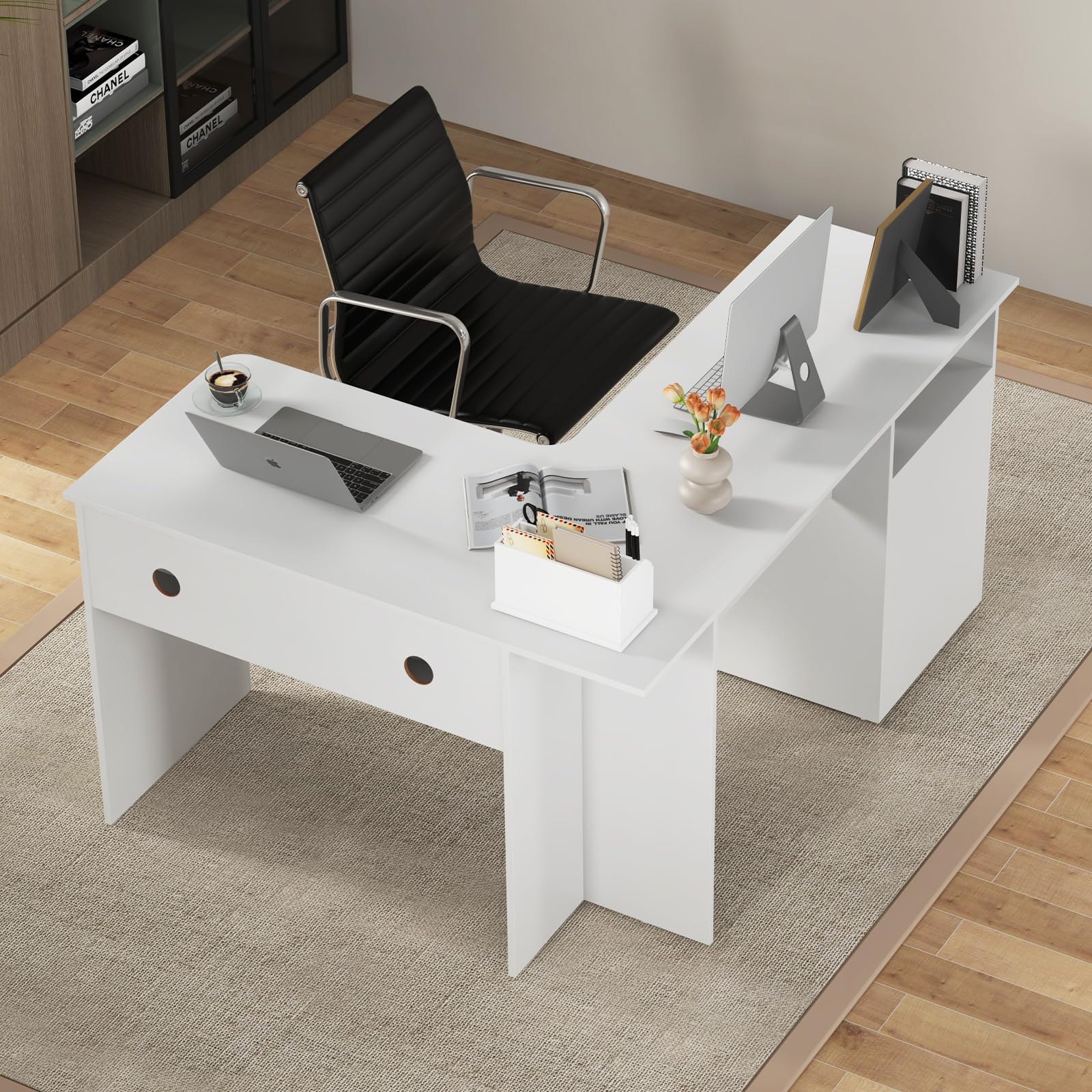 L-Shaped Desk, 59" Corner Computer Desk with File Drawer & Open Shelf