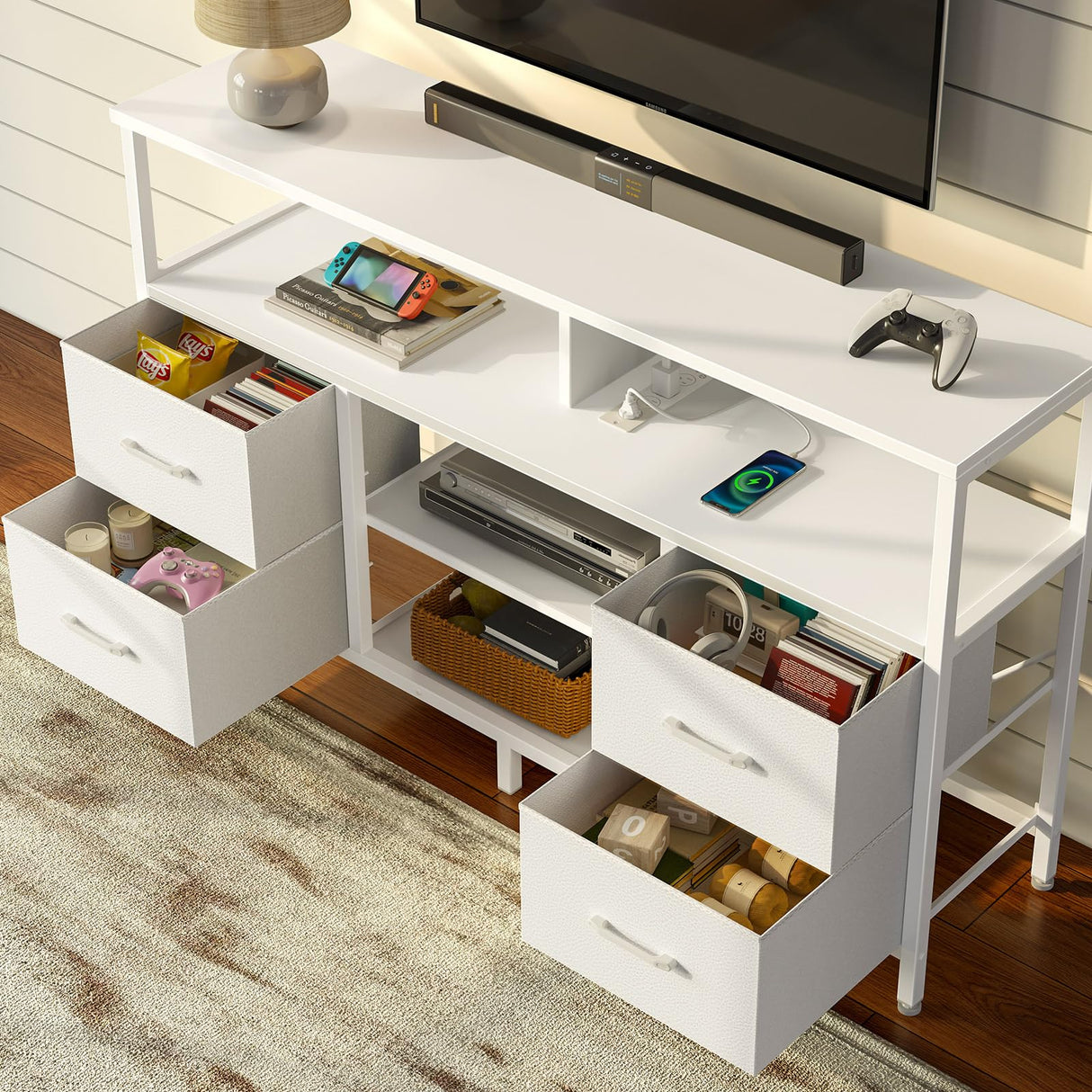 TV Stand with Power Outlets and LED Light, 4 Fabric Drawers Entertainment Center