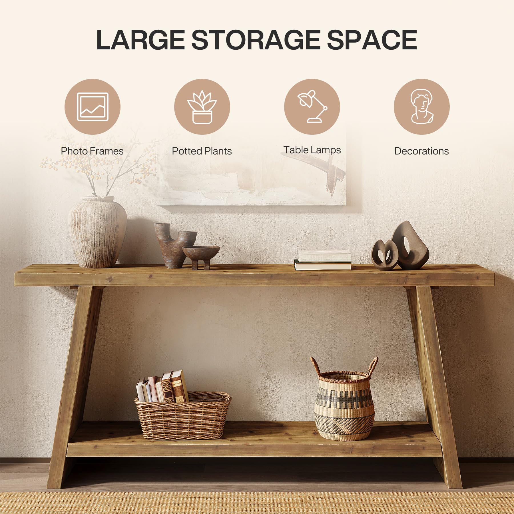 70.9" Solid Wood Console Table with 2-Tier Storage - Farmhouse Entryway Table