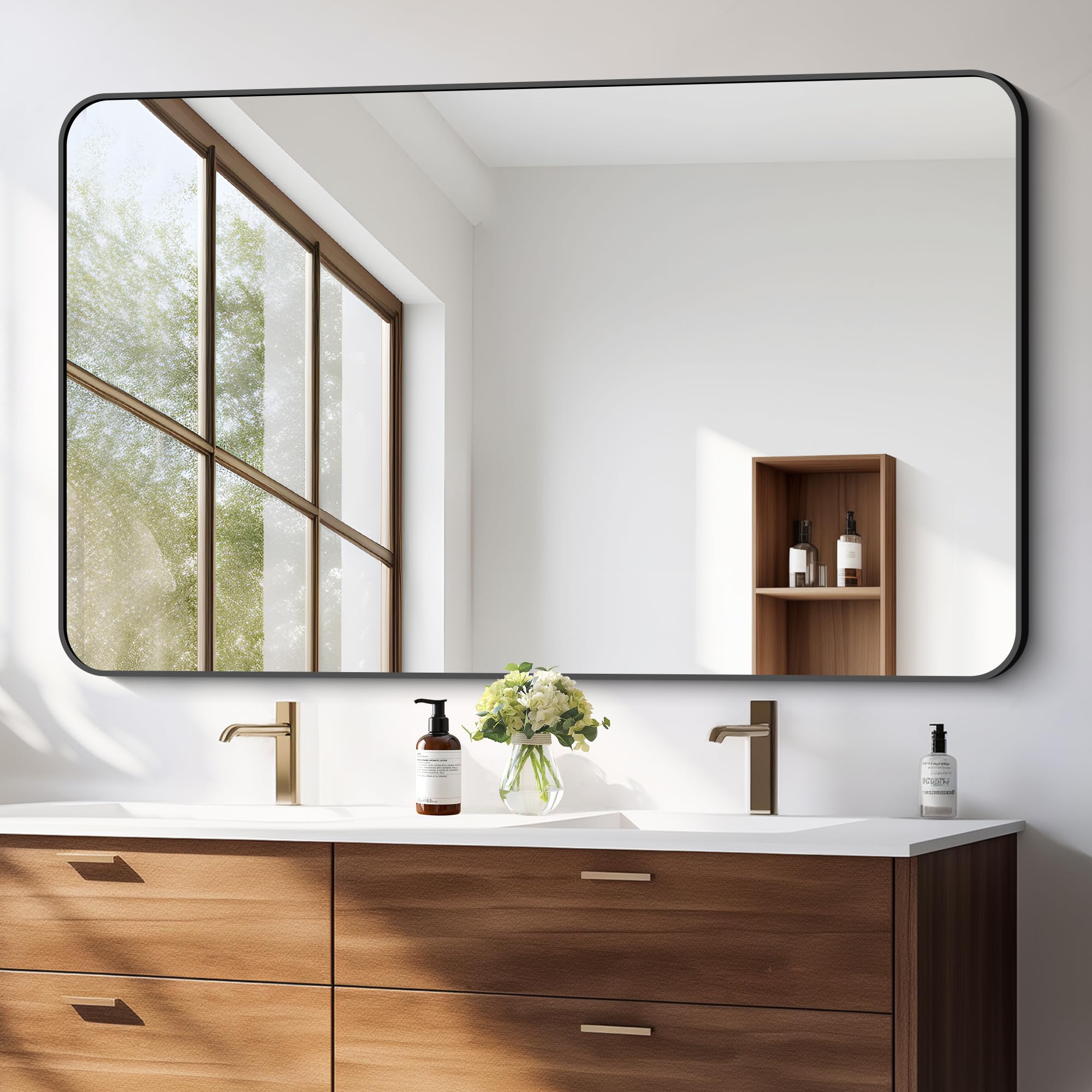 Bathroom Mirror,  Large Rectangle Mirror, Black Metal Framed