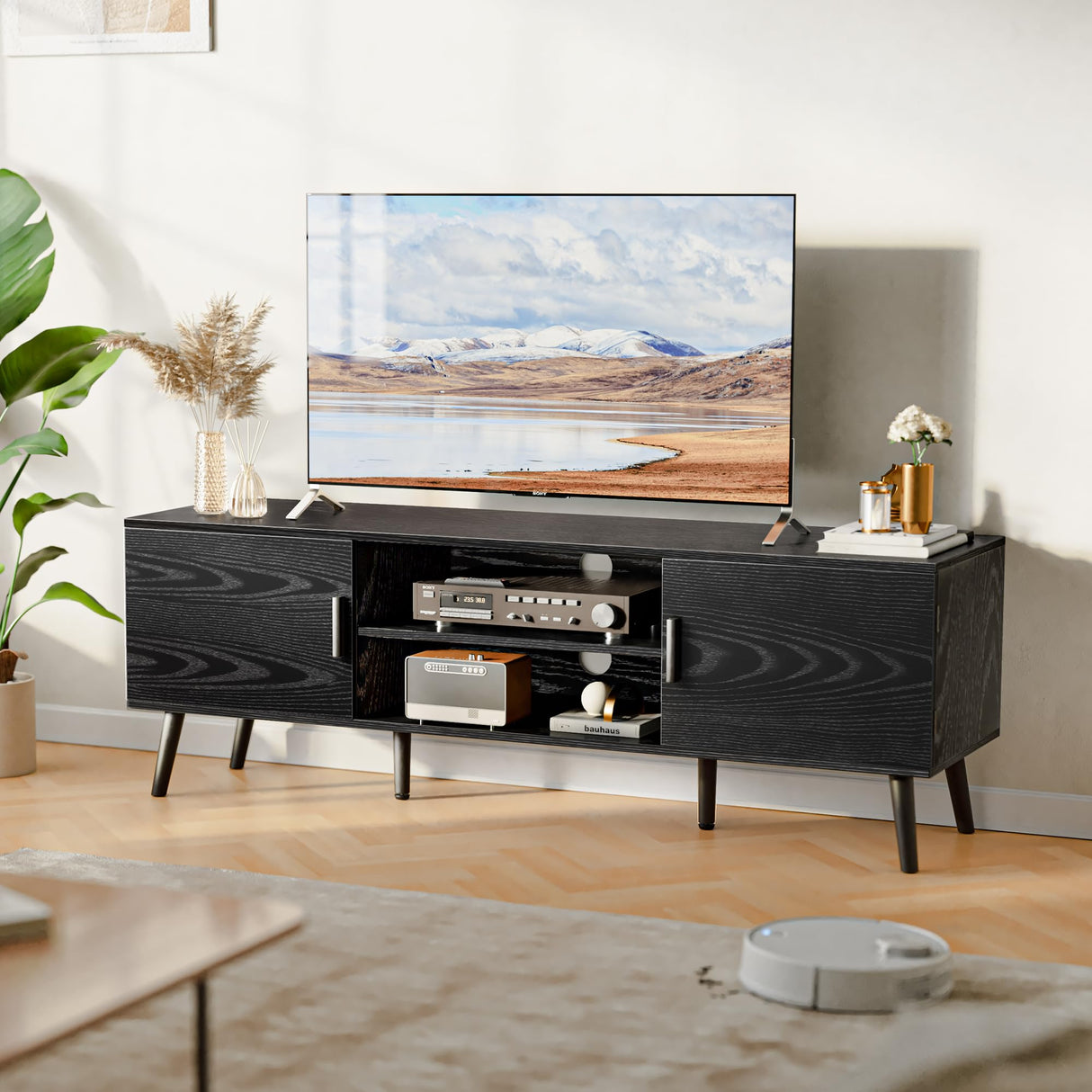 TV Stand for 55 Inch TV, Entertainment Center with Adjustable Shelf, 2 Cabinets