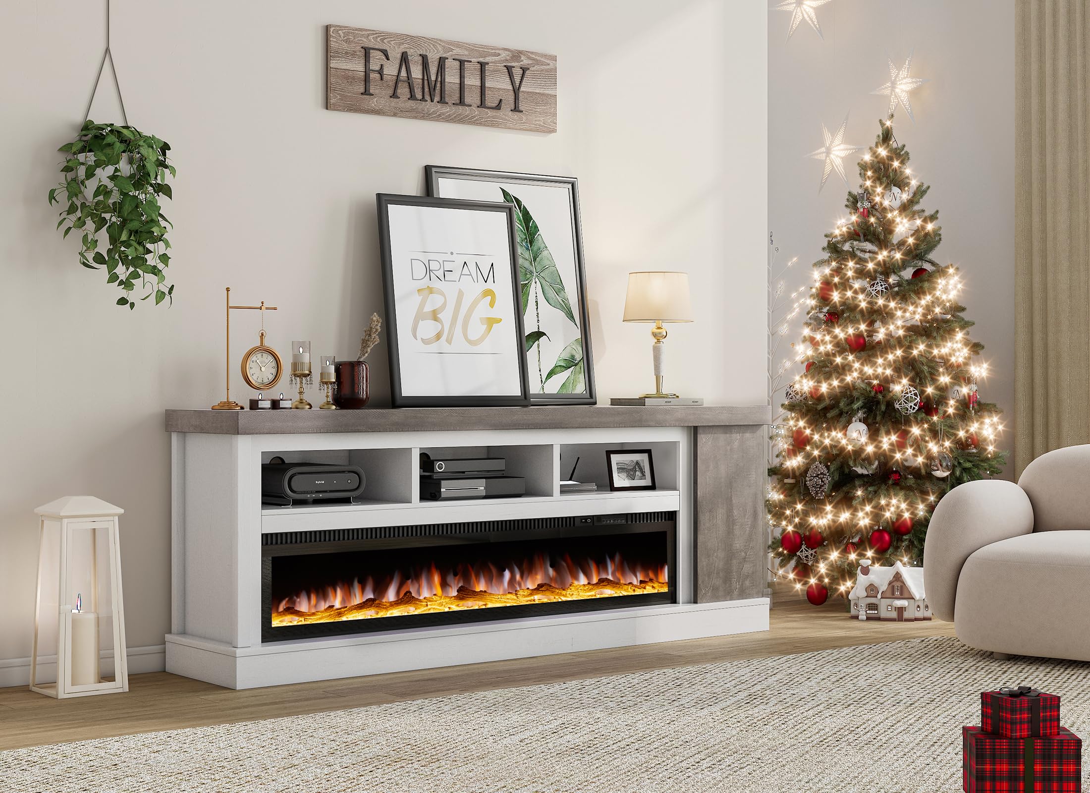 75" Fireplace TV Stand with 60" Glass Electric Fireplace
