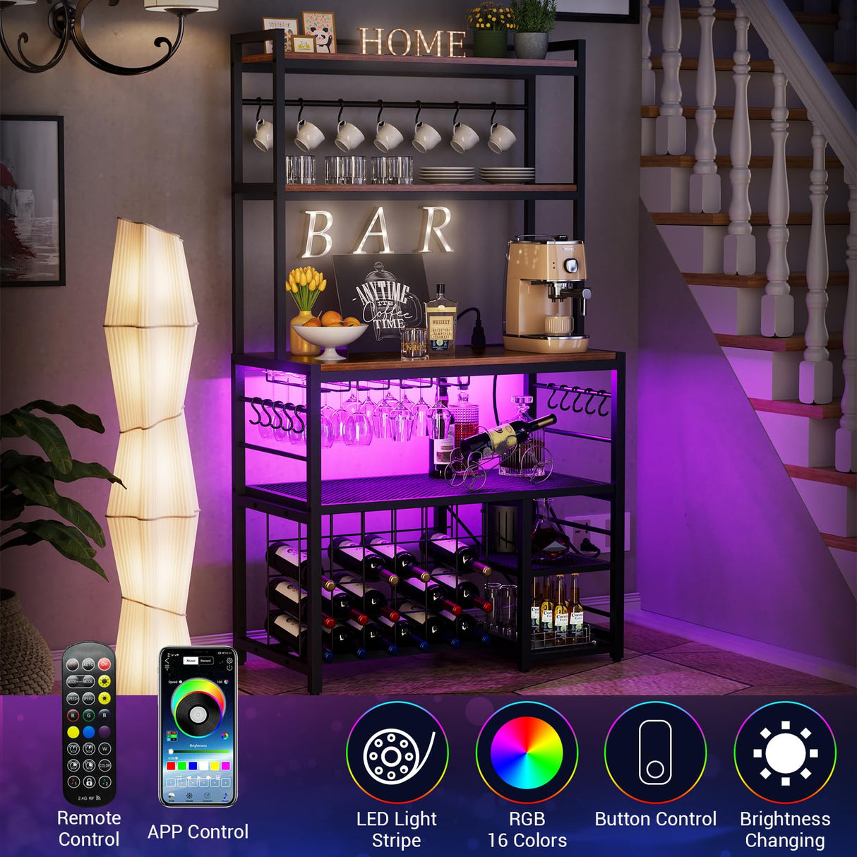 Wine Bar Cabinet with Outlet and LED Light, Freestanding Floor Liquor Cabinet