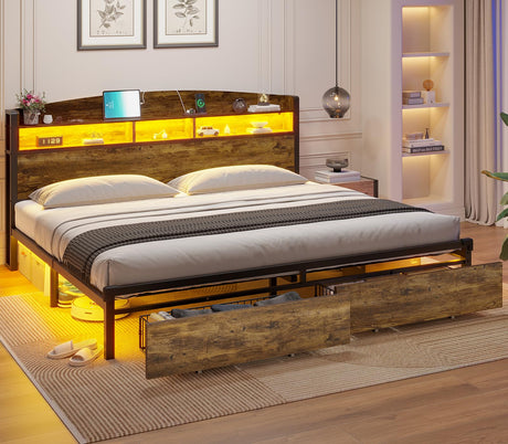 King Size Bed Frame with Storage & LED Light Headboard, Metal Platform Bed