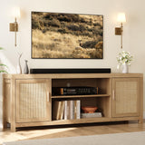 Rattan TV Stand for 75 inch, Boho Entertainment Center with Adjustable Shelves