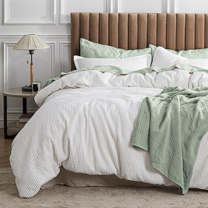 Waffle Comforter Set King, Beige Soft Cotton Bedding, Waffle Weave Bed Set