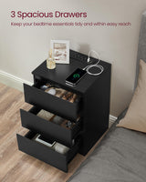 VASAGLE Nightstand with Charging Station, Bedside Table, Side End Table with 3 Drawers, 2 AC Outlets, 2 USB Ports, Beveled Drawer Fronts, for Bedroom, Modern, Ebony Black ULET631B58