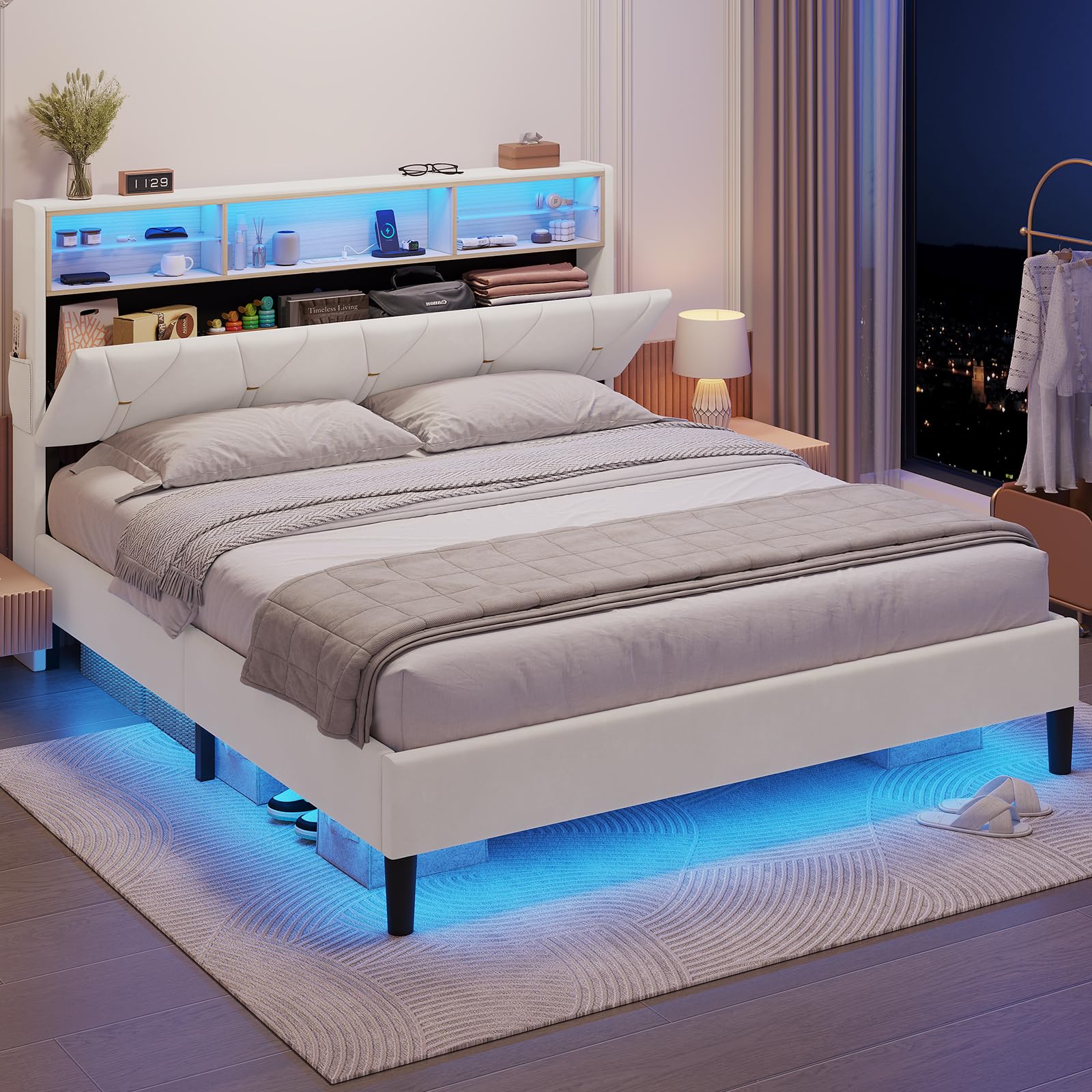 Queen Bed Frame with Storage Headboard and RGB LED Lights,