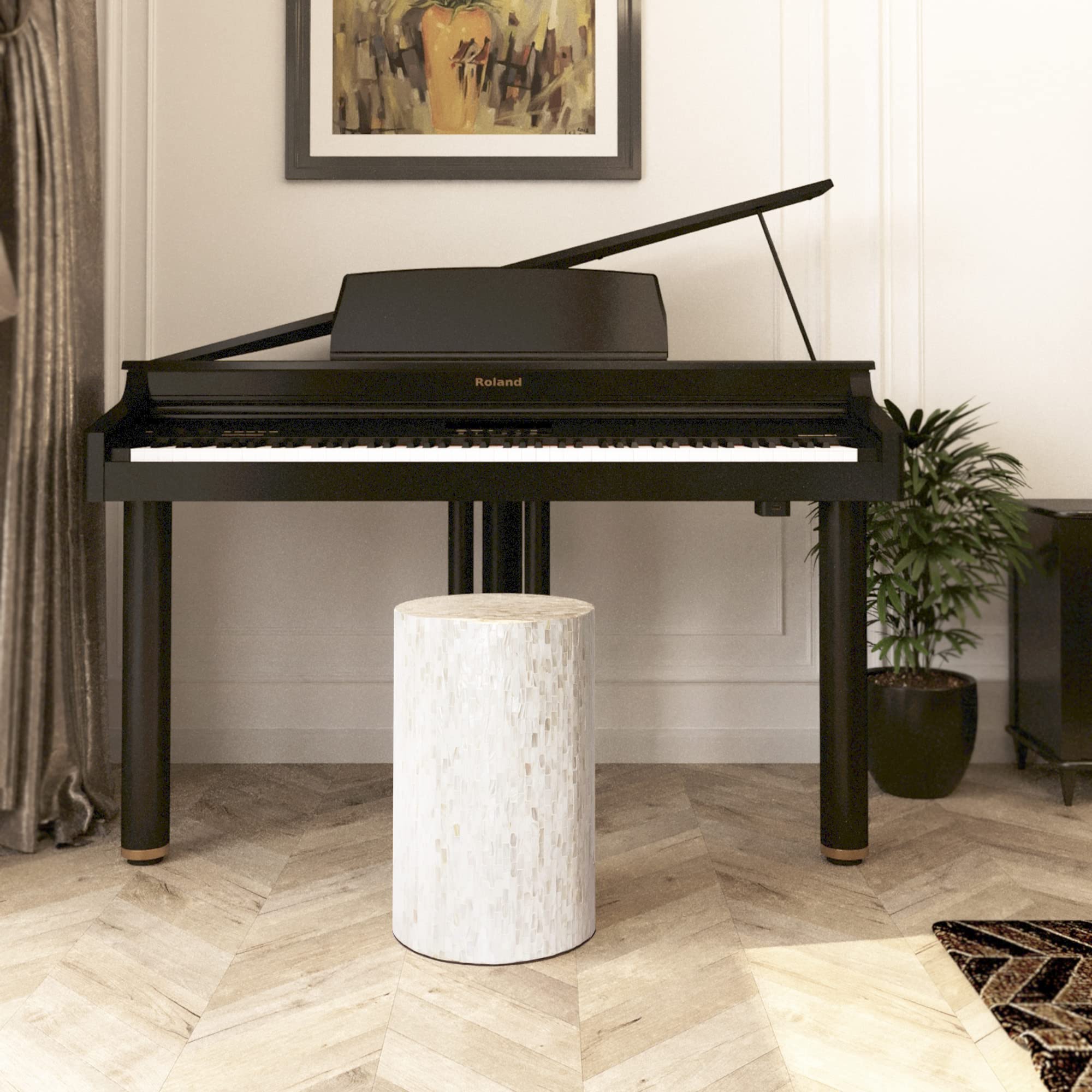 Mother of Pearl Inlaid Cylinder Drum End Table Nacre Capiz Shell Side Table Stool Drum Accent Table Coffee Bedside Side Table Round